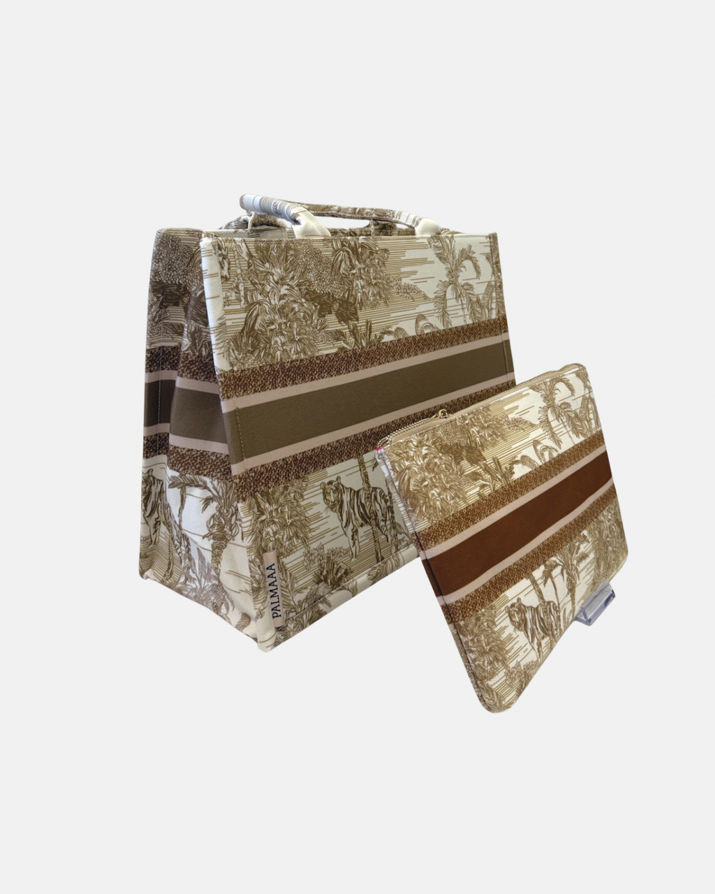 beige animal print canvas tote bag set