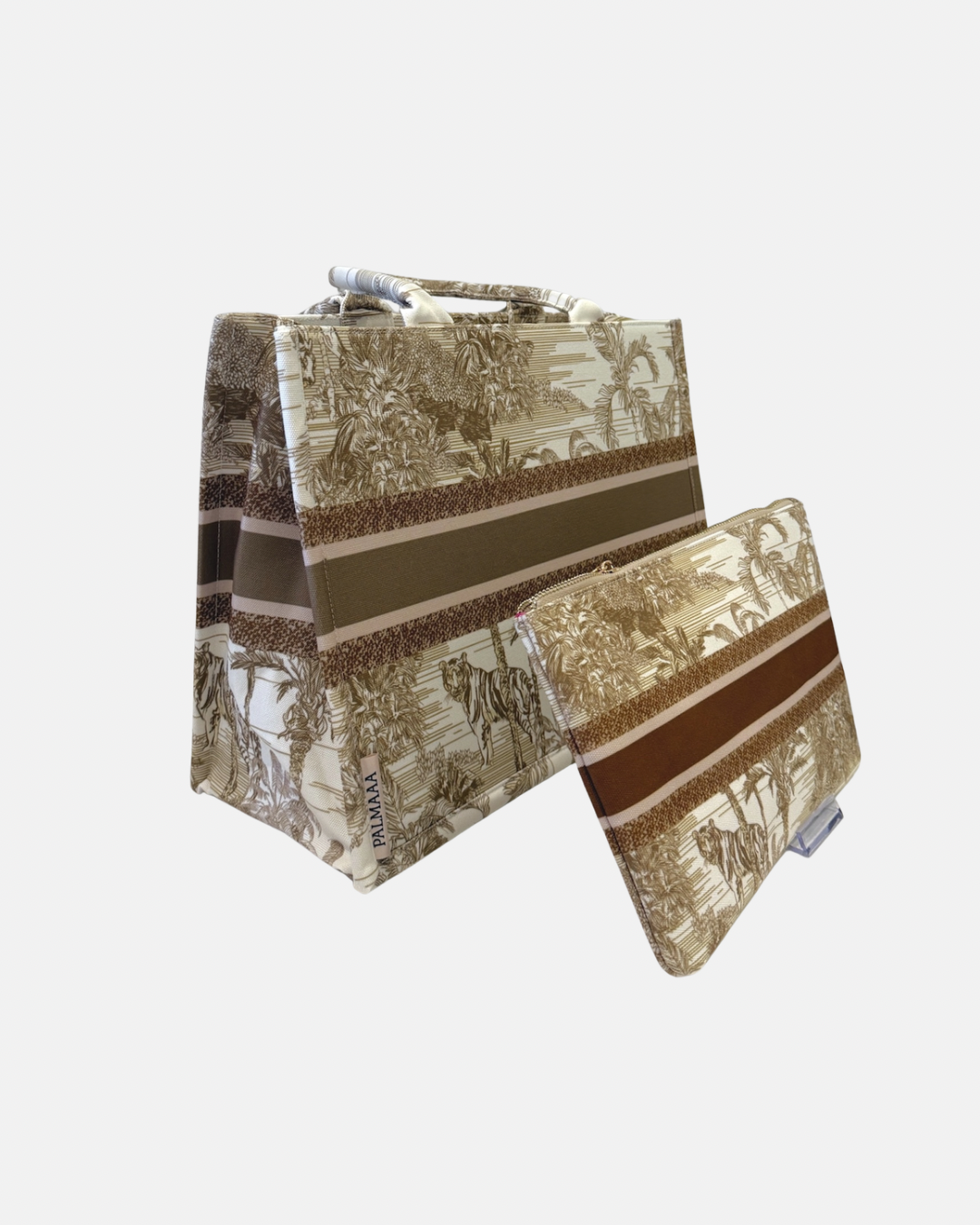 beige animal print canvas tote bag set