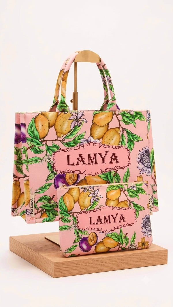Luxury Canvas Tote bag set- pink citrus 🍋
