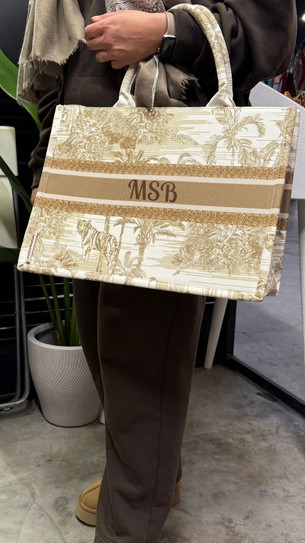 beige animal print canvas tote bag set