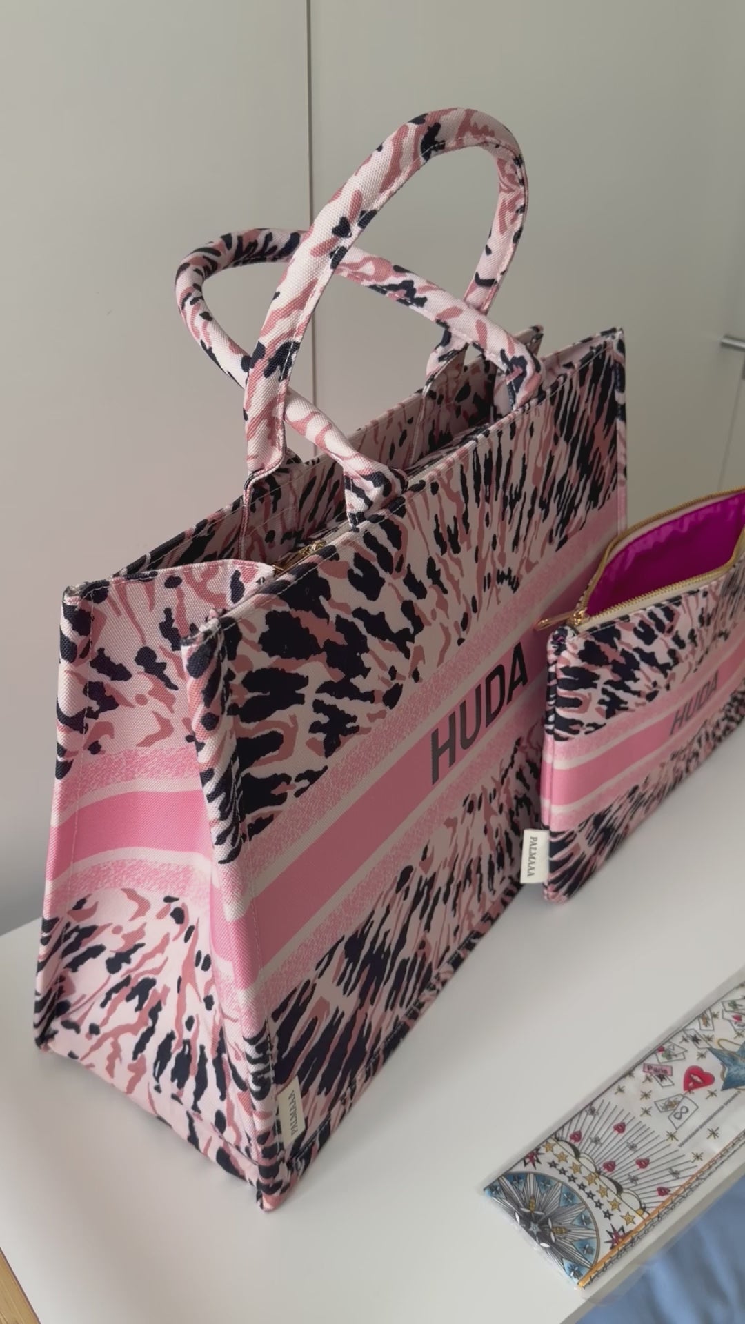Luxury canvas tote bag set- striped pink